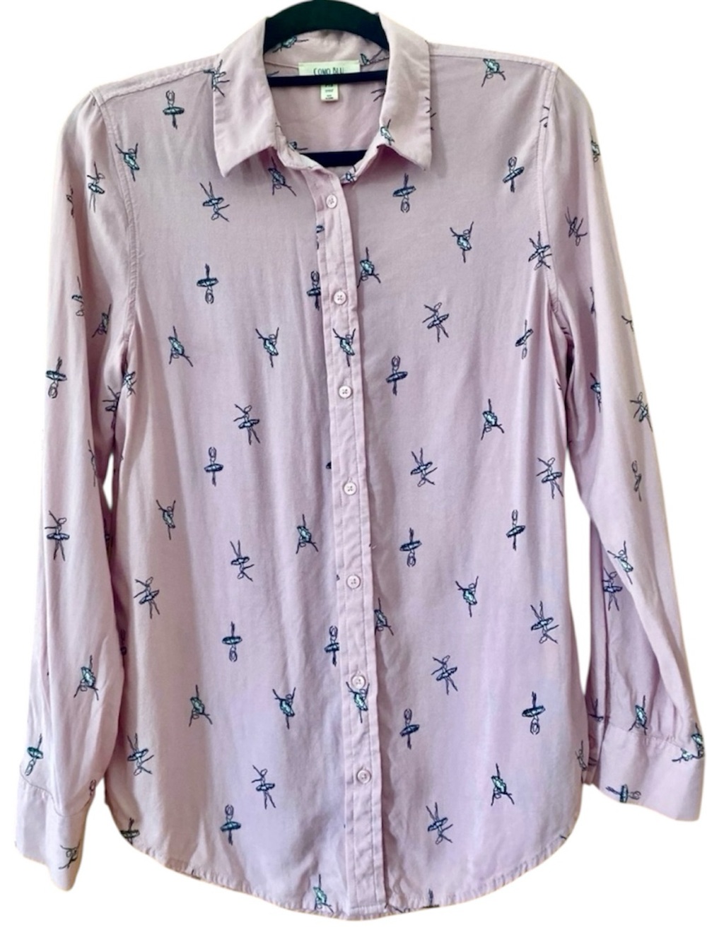 Como Blu Ballerina Print Pink Rayon Button Down Blouse Petite Small